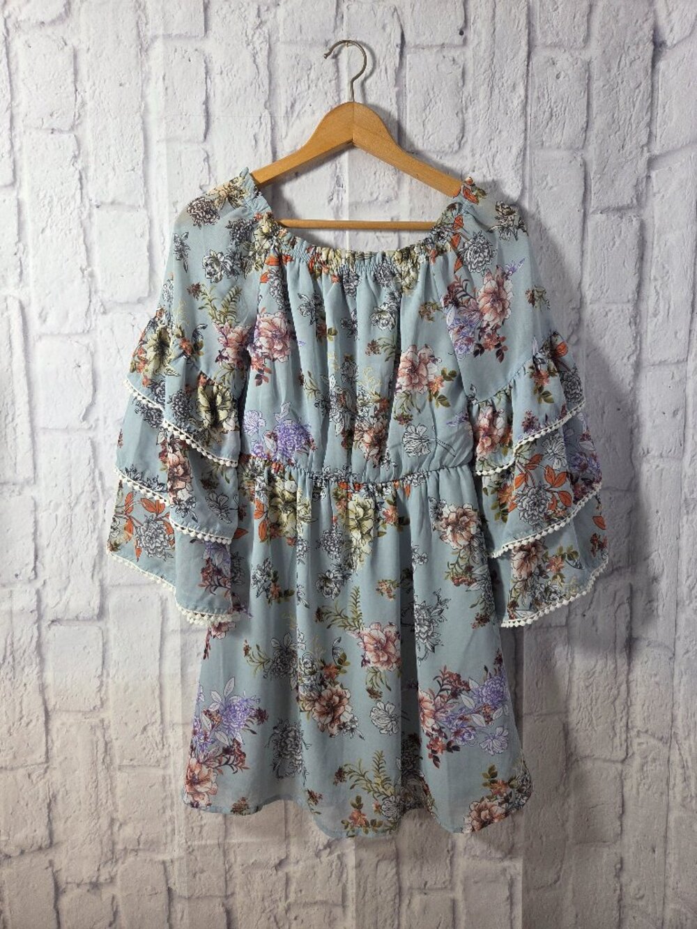 Bailey Blue Small Blue Floral Bell Sleeve Off the Shoulder Babydoll Mini Dress